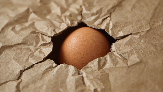 Egg hidden in torn paper with a hole.