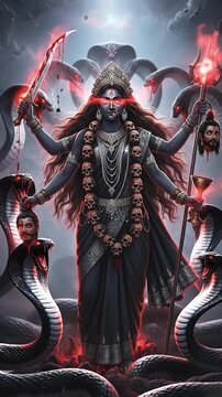 Dark multi-armed snake goddess adorned with skulls and mystic energy.