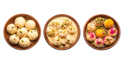 Traditional indian desserts rasgulla ras malai milk based sweets three bowls