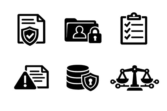 Compliance and data protection vector icon set featuring secure data, audits and regulatory control icons. Black flat icons ideal for dashboards, reports and business platforms.