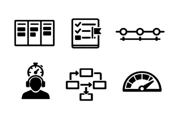 Advanced productivity icon set with kanban, tasks and workflow symbols. Black flat vector icons with transparent background for project management apps and UI.