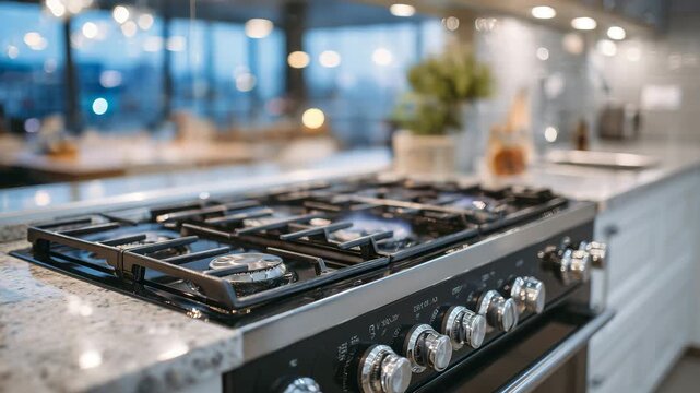 Close-up of control knobs on a modern induction stove, soft reflections highlighting high-tech kitchen appliances