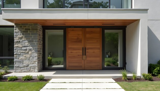 Modern house entrance with wooden double doors and stone pillar exterior