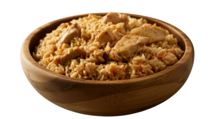Chicken pilaf in a wooden bowl. Delicious homemade pilaf. Tasty chicken pilaf.