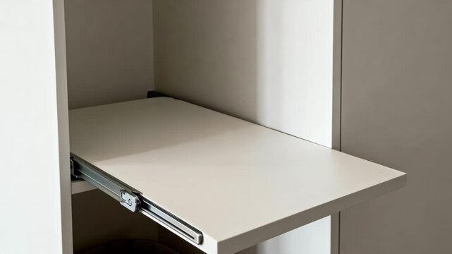 Medium shot captures a concealed shelf sliding smoothly out from a wall showcasing innovative secret storage integration for minimalist interiors.