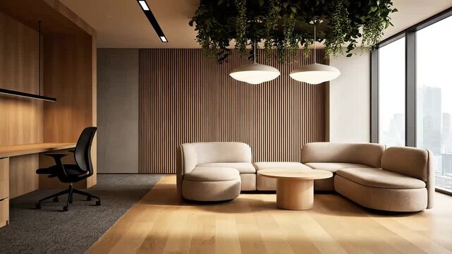 A serene modern office interior with a beige sofa and round coffee table near a large window