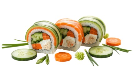 Healthy maki rolls featuring vegetables fish and creamy filling served with garnish
