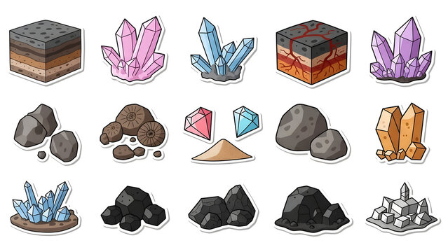 A collection of digital illustrations featuring various mineral resources and gemstones on a plain white background from a top viewpoint