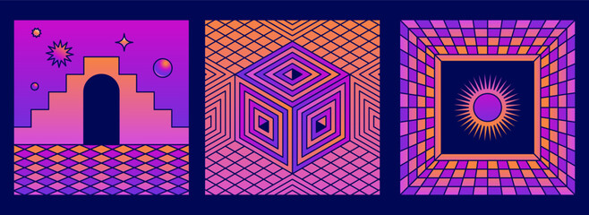 Vector abstract print design templates and covers in minimal and gradient style, magical and mystical symbols, entrances, doors and windows with steps and staircases