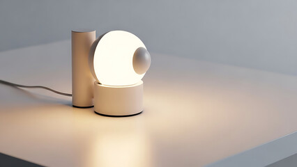 A contemporary desk lamp with a cylindrical base and a glowing spherical light source emitting warm light, positioned on a light-colored surface with a power cord visible, creating a cozy and
