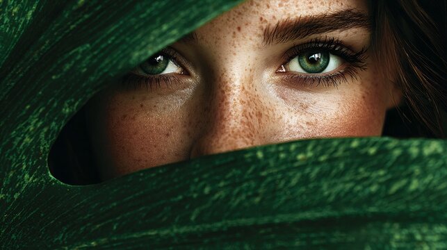 Close-up portrait of a green-eyed woman with freckles behind leaves