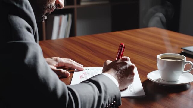 Businessman Crosses Out a Business Document With a Red Pen at His Desk