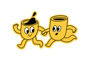 Vector doodle sketchy hand drawn illustration, two funny cartoon mascots, coffee cups running, specialty coffee shop badge and logo