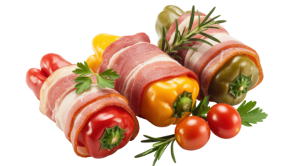 Bell peppers wrapped in bacon. Colorful peppers and bacon. Fresh herbs and tomatoes.