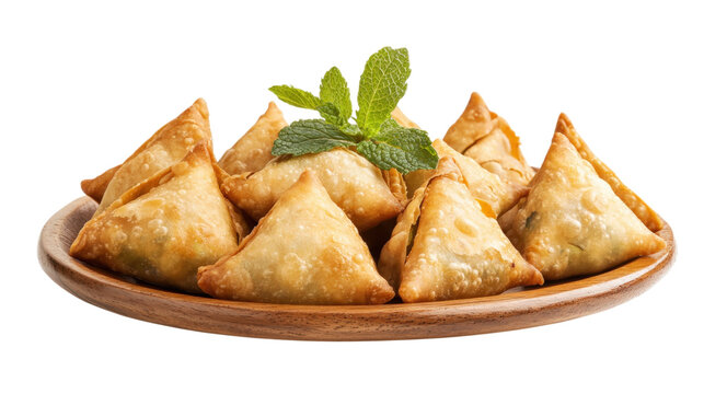Delicious traditional deep fried pastry indian food group appetizer wooden tray