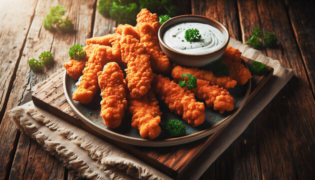 Bat&ocirc;nnets fris dispos&eacute;s sur une assiette avec de la sauce blanche sur une table en bois