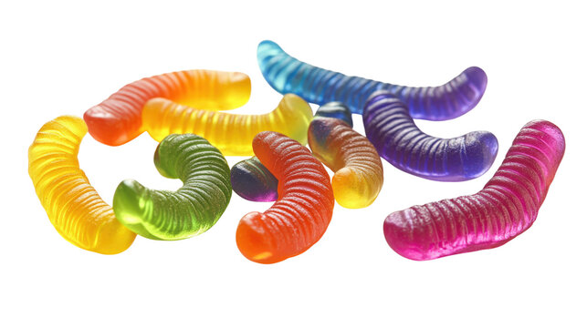 Assortment of colorful gummy worms candies falling isolated