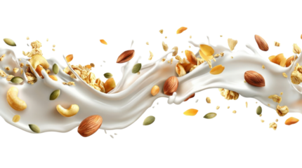 Milk wave splash nuts cereal grains breakfast concept