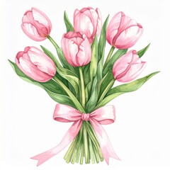 Fototapeta premium Pastel Pink Tulips Bouquet Tied with Ribbon on White Background