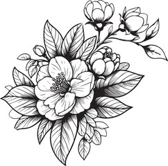 Elegant Floral Silhouette Arrangement with Flowers and Quince, hand-drawn Quince flower leaf, and vector illustration isolated on a white background