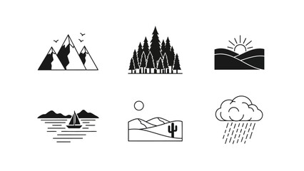 Fototapeta premium A collection of simple black and white landscape icons featuring various natural elements and scenery
