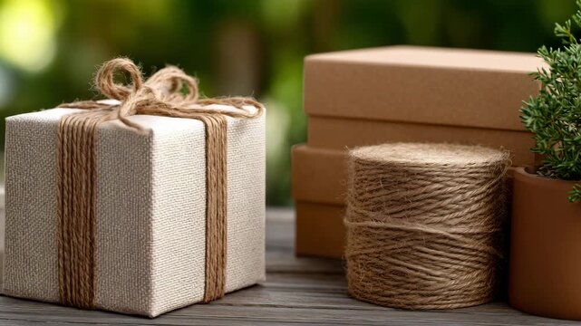 Close-up of sustainable packaging materials like kraft paper, twine, and recycled cardboard assembled aesthetically for eco-branding themes