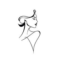 Minimalist black and white woman line art profile illustration. Elegant feminine portrait in modern abstract style for wall art, branding and design projects