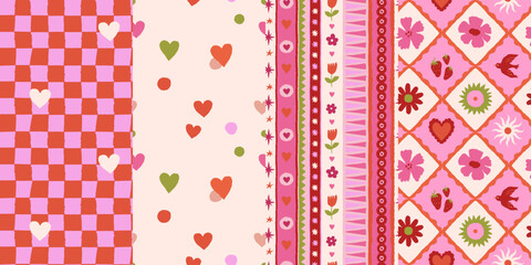 Vector set of seamless patterns, abstract hand-drawn quirky doodles, love, romantic, Valentine's day decorative wrapping paper and backgrounds for greeting cards and banners with hearts and flowers