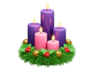 Purple and pink candles on a christmas wreath isolated on transparent background