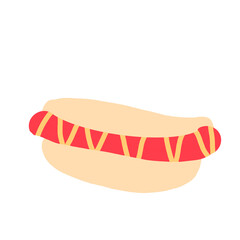 Cute hot dog illustration with bright sausage and soft bun in flat style creating playful food themed cheerful mood 