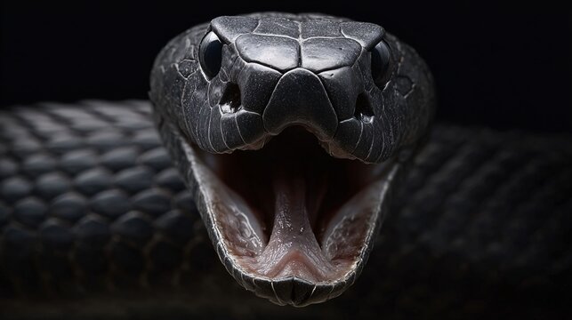 Close-up of aggressive black snake with open mouth on dark background