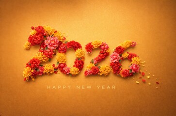 2026 created from red and yellow flowers on gold background, luxury chinese new year design symbolizing prosperity and fortune