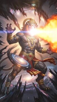 Mythic multi-armed deity warrior breathing fire in apocalyptic jungle battle.