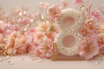 Decorated number eight surrounded by pink flowers and golden accents for a special celebration event