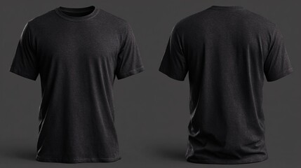 Front and Back View of Black Cotton T-Shirt on White Background