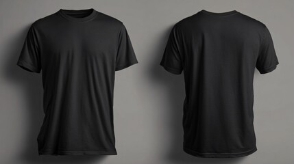 Front and back view of plain black t-shirt mockup on gray background