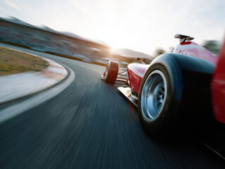 High-speed race car cornering on a professional track during sunset.