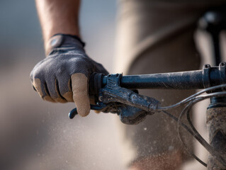Close-up of a cyclist&rsquo;s gloved hand gripping the handlebar on a dusty trail.