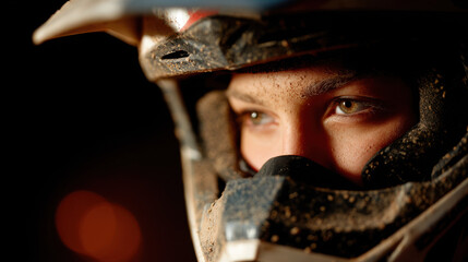 Close-up of a dirt bike rider&rsquo;s eyes behind a muddy helmet, showing focus and determination.