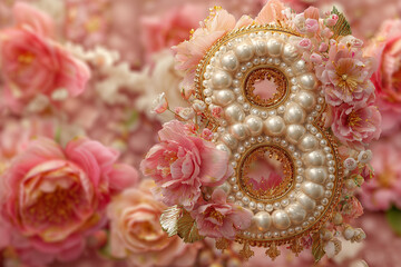 Number eight decorated with pearls and flowers on a pink floral background during a celebration or event