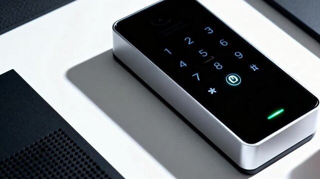 Medium shot focusing on a sleek keypad door lock system highlighting userfriendly smart access with customizable code entry.
