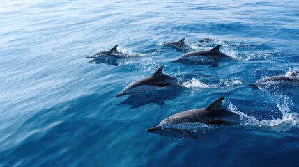 Pod of dolphins swimming together in clear blue ocean water.