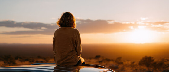 Person sitting on a car roof watching a peaceful sunset over an open landscape.
