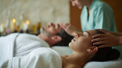 Couple receiving a synchronized spa massage, enjoying deep relaxation and wellness treatment together.