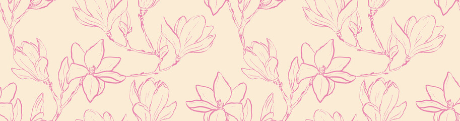 Seamless magnolia floral line art pattern on beige background © Anna Volkova