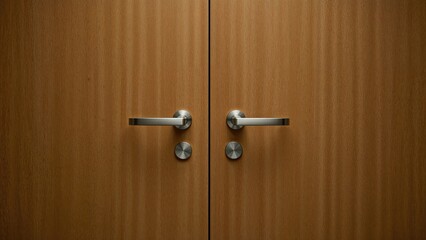 Obraz premium Wooden door with two handles and locks.