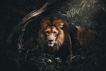 Majestic lion in the wild jungle, showcasing wildlife beauty and power, surrounded by dense foliage under natural light.