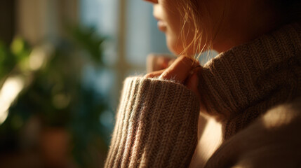 Close-up of a woman adjusting a warm knit sweater in soft morning light.