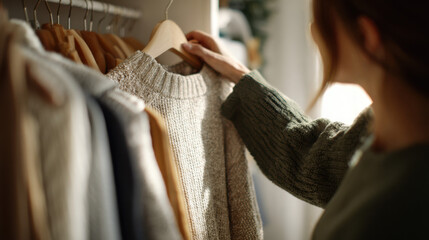 Person choosing a cozy sweater from a clothing rack in a softly lit wardrobe space.