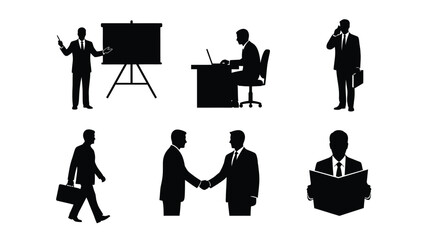 A collection of six black silhouette icons depicting various businessmen engaged in essential professional activities across corporate settings and communication scenarios